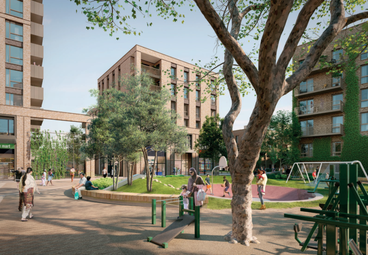 CGI of the vision for Stroudley Walk, including a tall building with new homes, retail space and improved pubic realm and green space.