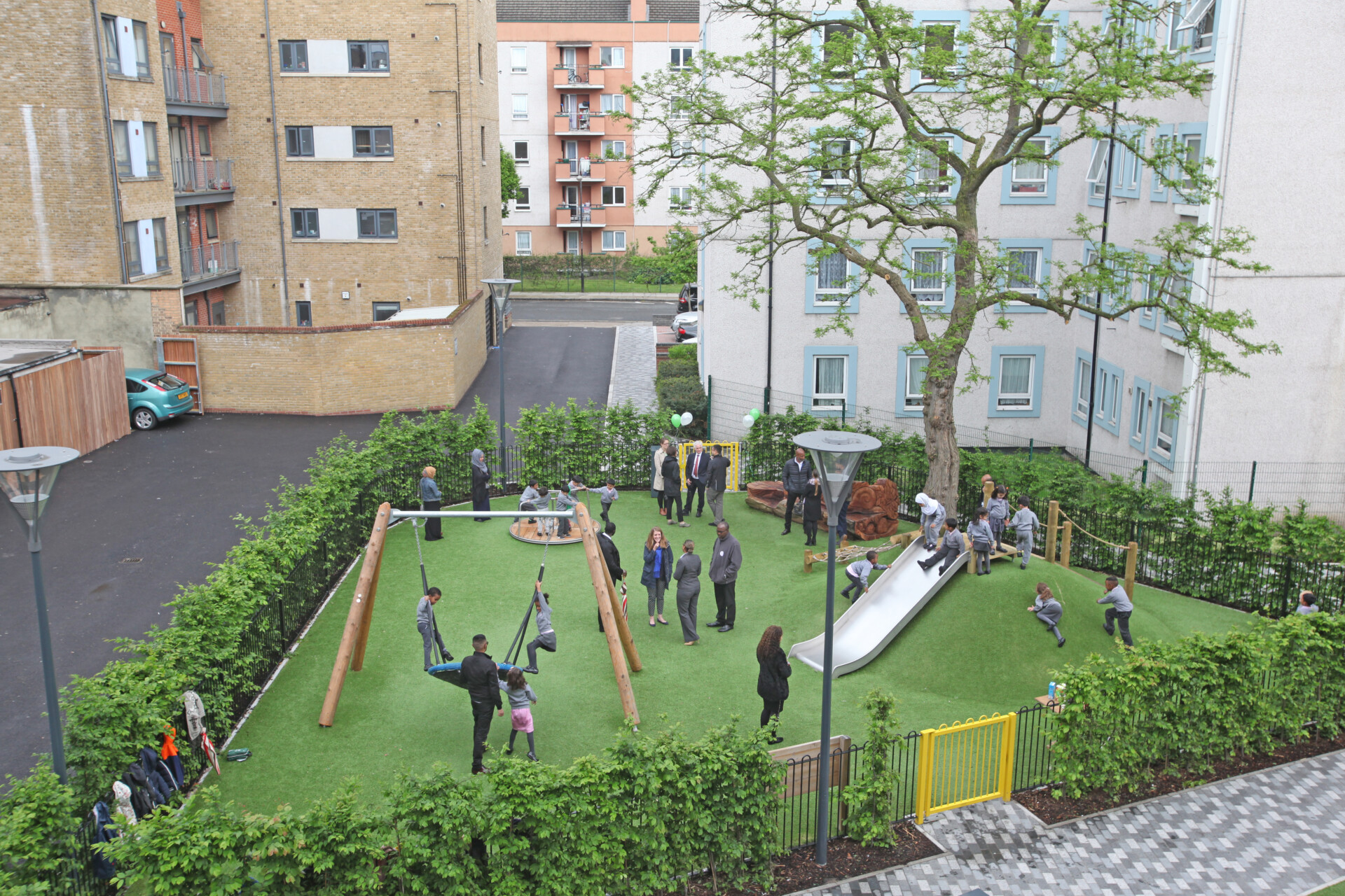 Play area in front of flats on Burdett estate